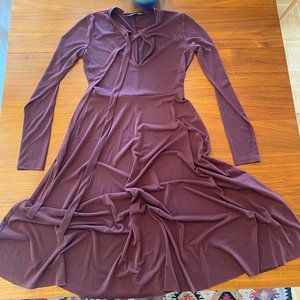 ZARA // 70's inspired wine rust bow dress